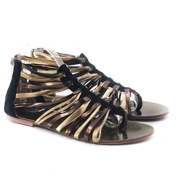 JIMMY CHOO Gold Bronze Black Leathe Gladiator Flat Sandals Zip - Picture 3 of 11
